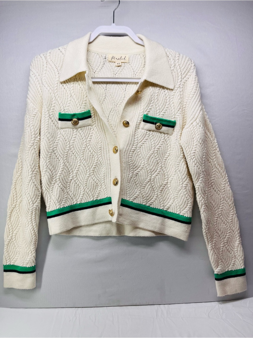 Marled Cream Cardigan with Green Trim and Gold Buttons